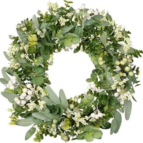 Couronne Murale Artificielle Eucalyptus Printanier 45 cm Feuillage Vert Frais Baies Blanches Prête à Suspendre -