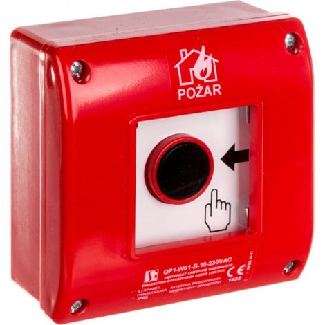 Pulsante di allarme antincendio manuale, montaggio superficiale, contatto 1NO + LED 230V AC OP1-W01-B10-230
