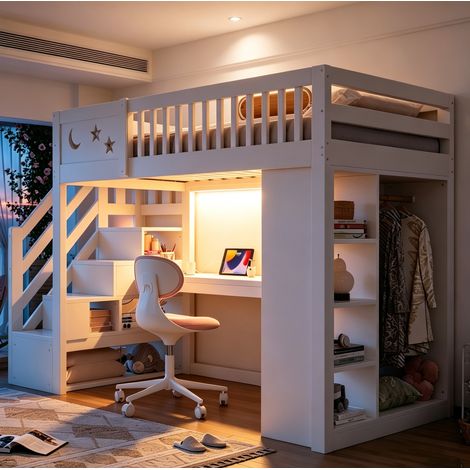 Letto alto 90x200 cm legno bianco con scrivania, senza materasso FloraGrace (1/5)