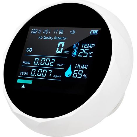 6-in-1 Multifunktions-Luftqualitätsmonitor 2CO16TB, tragbarer Formaldehyd-Detektor, professionelles Raumluftqualitätsmessgerät, CO-, TVOC-, HCHO-Analysator, Luftfeuchtigkeit, Temperatur, mit Datums- u (1/4)