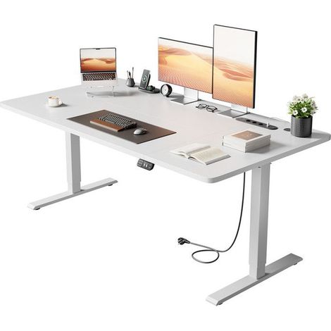 EcoFurnix Bureau Assis Debout Electrique, 160 x 80 cm, Hauteur Réglable 72-117 cm, avec Prise Intégrée & Port USB, Mémoire, Blanc (1/5)