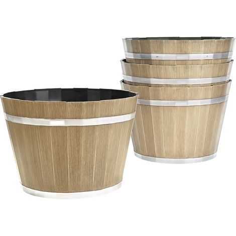 Mophorn Lot de 4 jardinières en forme de tonneau, pots de fleurs en plastique 30 x 21 cm, avec trous de drainage, style vintage pour décoration intérieure et extérieure, idéal pour plantes, marron (1/5)
