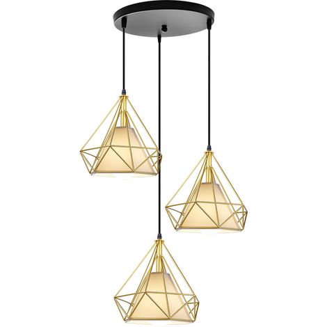 Vintage Pendant Light, 3 Lights Spiral Ceiling Lamp with Metal Cage, Diamond Shape Chandelier with Lampshade for Kitchen Island Living Room (Black&Gold) (1/5)
