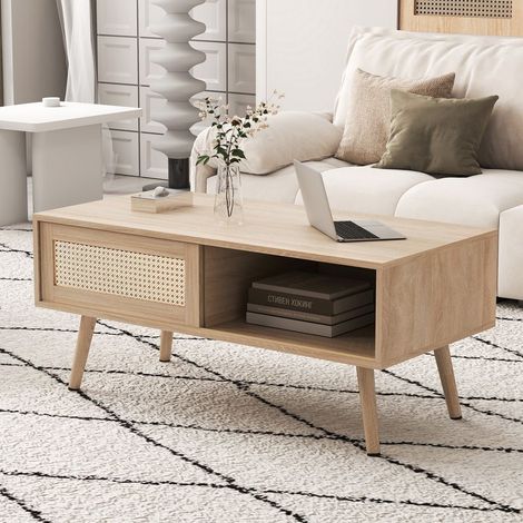 Woven Coffee Table 105 cm with Sliding Doors and Solid Wood Legs, Modern Living Room Table, Natural Color (1/5)