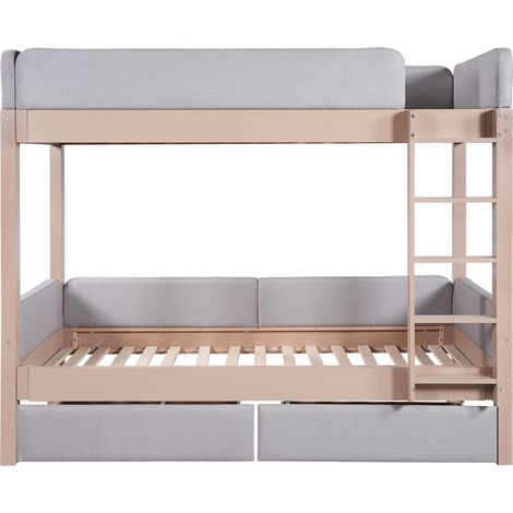 Lit superposé enfant 90x200 cm gris et naturel avec 2 tiroirs, échelle droite, MDF et bois (1/5)