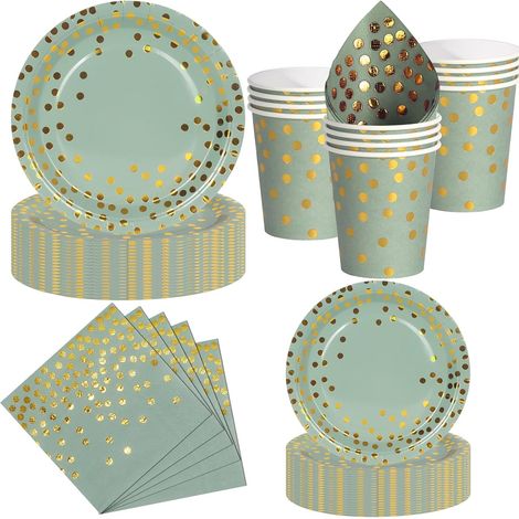 Set de Vaisselle Jetable 50 Pièces Vert Sauge et Or, 10 Assiettes Plates, 10 Assiettes Dessert, 10 Gobelets, 20 Serviettes - Pour Anniversaire, Mariage, Fête - 10 Invités (1/5)