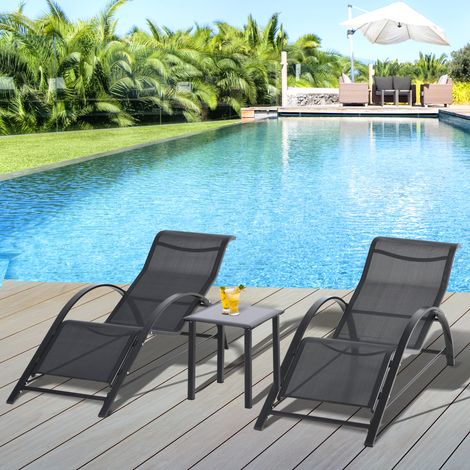 Outsunny Lot de 2 bains de soleil chaise longue design contemporain table basse plateau verre trempé métal époxy textilène noir