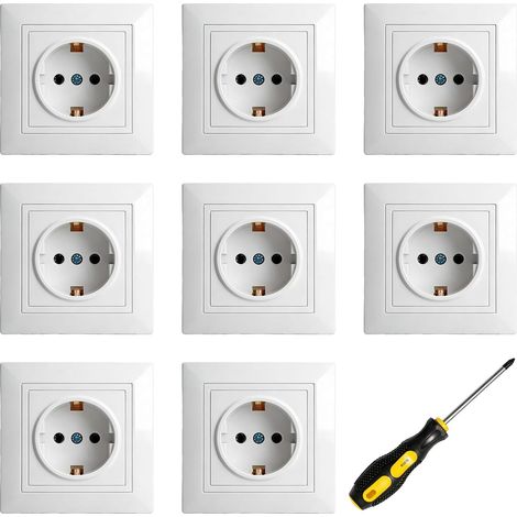 Set mit 8 Unterputzsteckdosen: 220–250 V, 16 A mit verbessertem Kontaktschutz, 1 Schutzkontaktfach, 82-mm-Wandsteckdosen für Wohnzimmer, Küche, Büro, weiß (1/5)