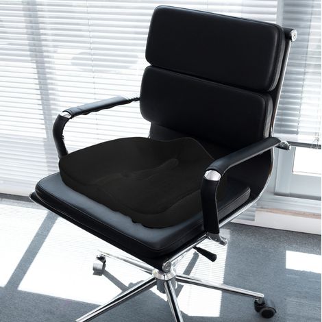 Cojín de asiento ergonómico (44x39x13 cm), para coxis, espuma viscoelástica, poliéster negro (1/5)