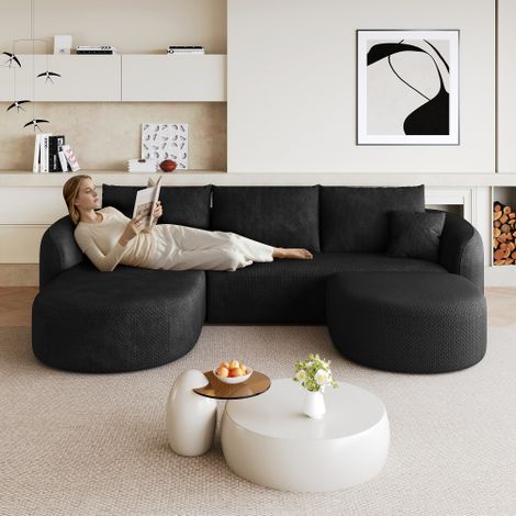 Divano angolare a U da 266 cm, divani a compressione in spugna, divano modulare senza stecche, divani a compressione per soggiorno, camera da letto, appartamento, non richiede montaggio, nero (1/5)