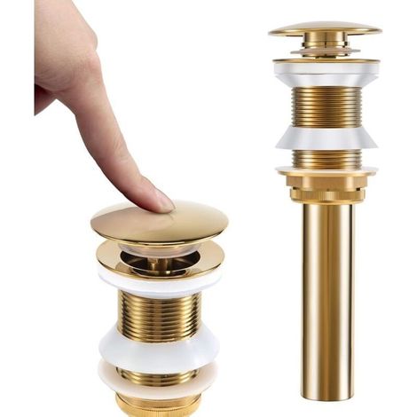Bonde D'éVier sans Trop-Plein Salle de Bain Popup Drain Assembly Bouchon Lavabo Vasque Laiton Brossé pour Cuisines, Bain, Lavabo, Évier, Or (1/5)