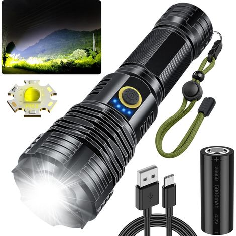 MINKUROW Torcia Led Ultra Potente 10000 Lumen, Torcia Led Ultra Luminosa, Torcia Tattica Ricaricabile Con Zoomabile Per Campeggio, 5 Modalità Di Illuminazione Per Uso Domestico, Escursionismo (1/5)