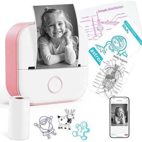 T02 Mini Imprimante Autocollant - Mini Imprimante Thermique Bluetooth Compacte pour Les Notes d'étude de Cadeaux, Photos, Apprentissage, Plaisir, DIY, Compatible avec iOS et Android, Rose