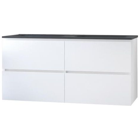 Ondee – Meuble salle de bain à suspendre 120cm – 4 tiroirs – Blanc mat – Plan vasque en résine noir – Fabriqué en Europe
