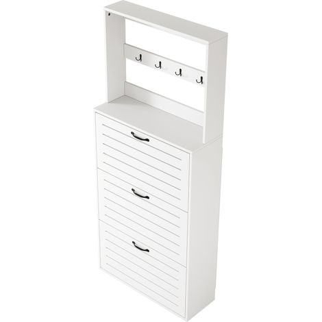 Zapatero con 3 puertas y 8 ganchos, mueble de entrada de aglomerado blanco (1/5)