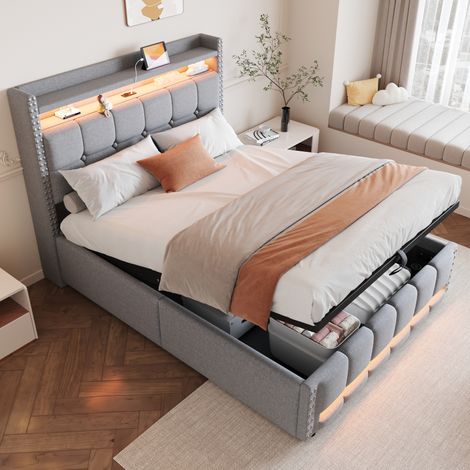 Letto 140x200 cm - letto contenitore 140x200 con LED, rete e testiera con ripiani, presa USB - lino - Grigio chiaro (1/5)