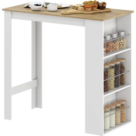Table de bar table haute de cuisine mange-debout comptoir 112L x 57l x 106H cm - 3 étagères - aspect chêne clair blanc