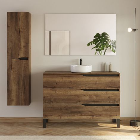 Meuble de salle de bain 120cm avec plateau et vasque ronde Ares - 3 tiroirs et colonne de rangement - tabaco (chêne foncé) - MATA