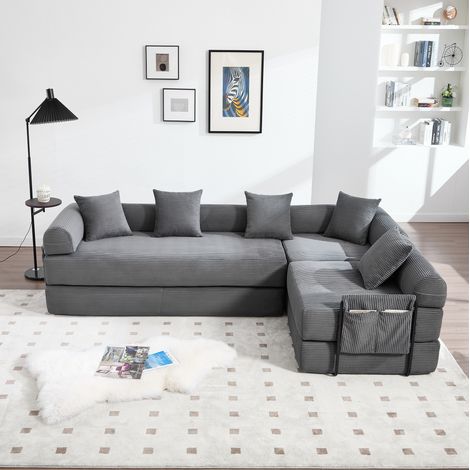 Modulares Ecksofa 270x180x64 cm dunkelgrau aus Cord mit Schlaffunktion und Seitentasche (1/5)
