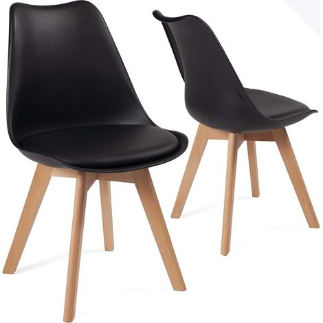 Ensemble de 2 chaises de design scandinave pour cuisine, salle à manger ou chambre - Assise large en plastique souple - Assise avec coussin rembourré en similicuir - Pieds en hêtre clair du Laos (blan (1/5)