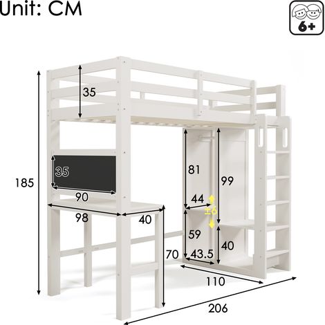 Lit surélevé enfant 90x200cm blanc avec espace bureau, penderie ouverte et étagères, cadre de lit simple incluant sommier et barrière de protection, sans matelas
