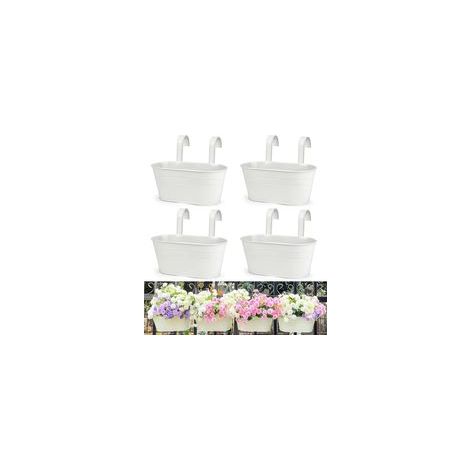 4 Pièces Pots de Fleurs Suspendus en Métal, 27.5CM Grands Pots de Plantes Seau à Fleurs Suspendu avec Crochet Amovible pour Balcon Clôture Jardin Maison Décor (Blanc)