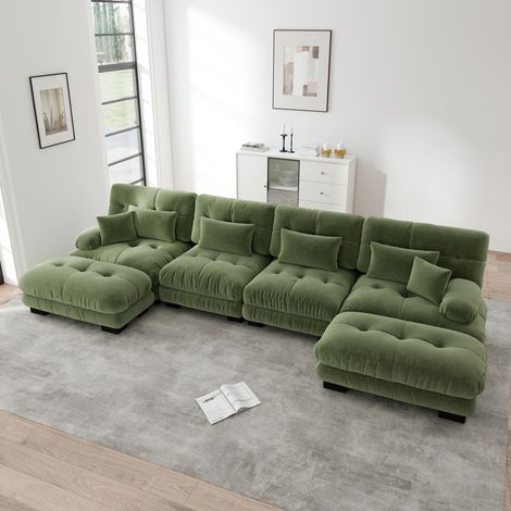 Canapé d’angle modulable en U en chenille verte, 4 places avec pouf mobile (1/5)