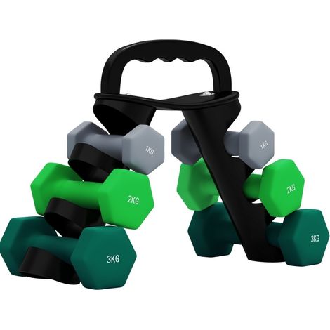 Set di 6 manubri con supporto, 2 x 1 kg, 2 x 2 kg, 2 x 3 kg, metallo (1/4)