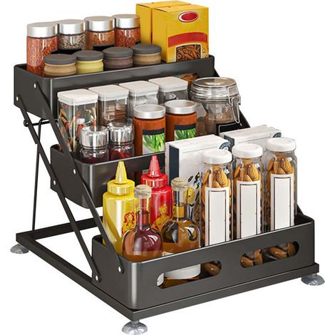 3-Tier Standing Spice Rack, 30 x 34.5 x 27.5 cm, Black, Carbon Steel, No Drilling, Adjustable for organising and storing items in the kitchen