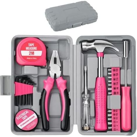 Set completo di attrezzi rosa. Cassetta degli attrezzi completa. Kit di attrezzi. Regalo rosa per donne e uomini. Include martello, pinze, cacciaviti, punte, metro a nastro, ecc. (1/5)