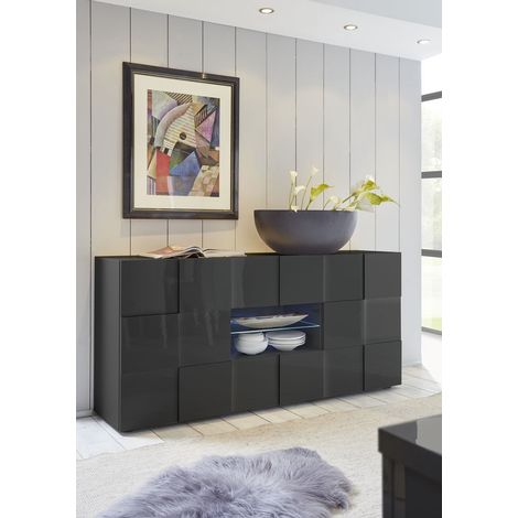 Buffet/bahut moderne 181 cm avec éclairage laqué gris brillant Milenor (1/2)