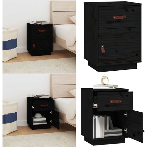 Table de chevet Noir 40x34x55 cm Bois de pin solide - Table De Chevet - Meuble De Chambre - Commode - Nuit - Bois Massif - Home & Living (1/5)