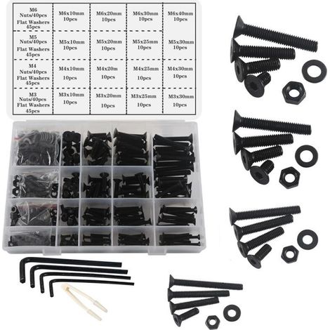 M3 M4 M5 M6 Jeu de Vis Boulons et Écrous, 500Pièces Noir Hex Socket Head Cap Vis Boulons à Tête Plate,Filetage Machine Boulon et Écrous Ensemble Outils Assortiment Kit (1/4)