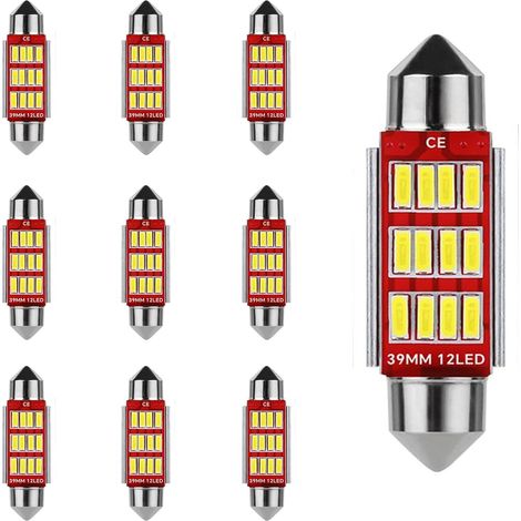 10 Ampoules LED Voiture 39MM Canbus Sans Erreur 12V 12SMD 4014 6000K Blanc - Dôme Plaque Immatriculation