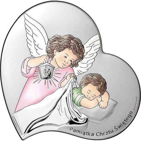 Cuadro de plata, recuerdo de Bautismo, corazón con ángel, rosa + grabado 6748S-RC 7 x 7 cm (1/5)