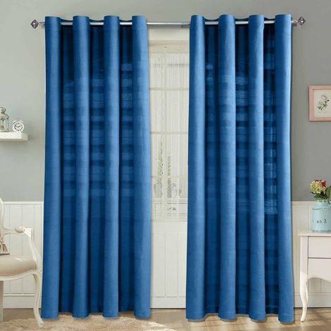HOMESCAPES Cotton Rajput Ribbed Blue Curtain Pair, 54 x 54" Drop