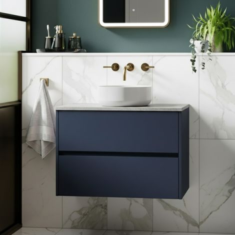Havana Wall Hung 2-Drawer Vanity Unit with Bellato Grey Worktop 800mm Wide - Midnight Blue (1/4)