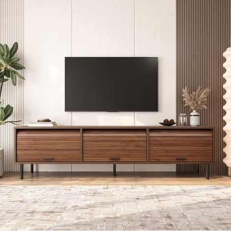 Meuble TV bas 180x40x55 cm avec 3 portes coulissantes vers le haut, rangement, MDF et panneaux de particules noyer (1/5)