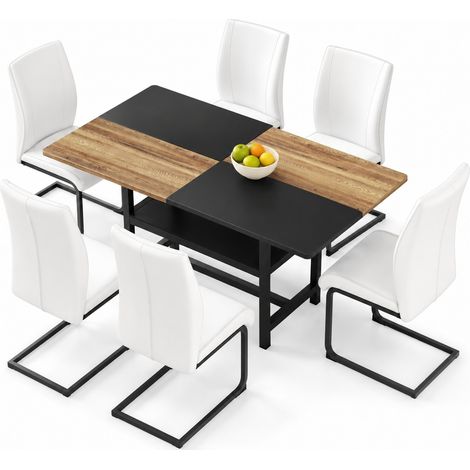 ELVMI Set Tavolo e Sedie con 1 Tavolo Rettangolare con Ripiano e 6 Poltroncine, MDF, Metallo e Similpelle, Bianco (1/5)