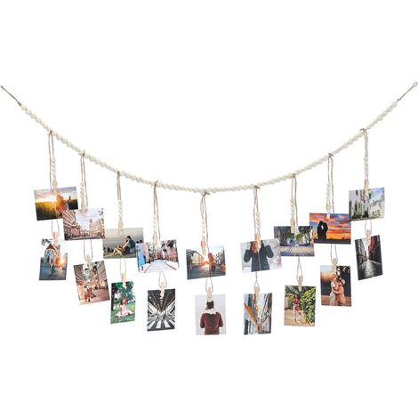 Photo à suspendre, présentoir mural bohème avec 18 pinces en bois pour cartes postales, photos et souvenirs. (1/5)