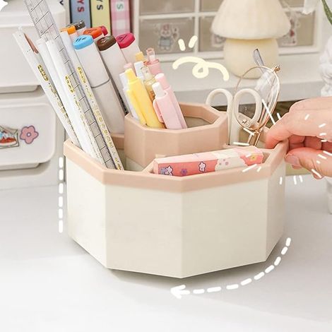Organizador de escritorio Soporte para bolígrafo multifuncional giratorio de 360 grados Organizador de escritorio con 5 compartimentos Caja de almacenamiento de suministros de arte para el hogar y la  (1/5)