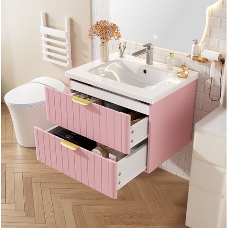 Meuble avec vasque suspendu 60,5 cm, 2 tiroirs, MDF et céramique, rose et blanc DESVIAE (1/5)