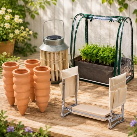 Ensemble de jardin pour serre solaire (4 pièces) – Lanterne en rotin, châssis de culture, genouillère et cônes (1/5)