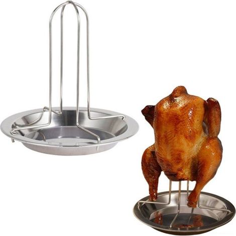 Support poulet vertical pliable en inox 16,5 x 16,5 x 17 cm, avec bac récupérateur, pour four et barbecue (1/4)