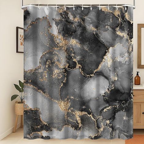 Rideau de Douche en Tissu marbré Abstrait Noir Or Gris Texture marbrée Imperméable Rideau de Salle de Bain Moderne Luxueux Élégant Résistant à la moisissure Décoration intérieure 150x200cm (1/5)