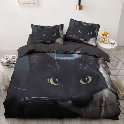 Bettwäsche 200x220cm Schwarz Katze 3D Druck Mikrofaser mit Reißverschluss