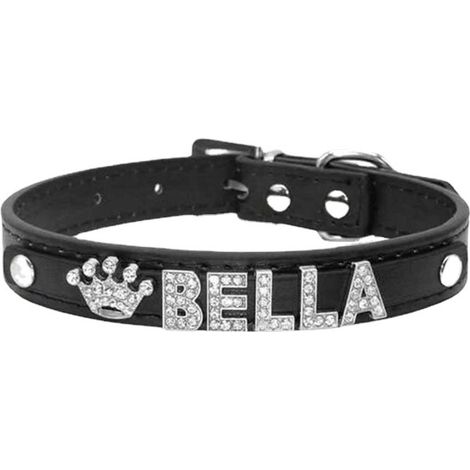 Collier pour chien personnalisé en cuir PU avec nom, collier orné de strass pour chiens de petite, moyenne et grande taille, collier glamour à offrir aux animaux de compagnie (M, noir) (1/2)