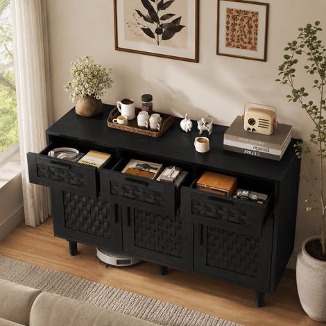 Armoire en bambou tressé, 108×40×80 cm, grande armoire de rangement avec tiroirs, armoire à vaisselle de cuisine anti-basculement, avec poignées en métal, style moderne, cadre en bois,Noir