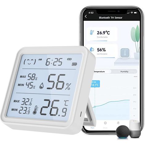 Thermomètre Bluetooth hygromètre : capteur de température sans fil avec stockage de données et alerte de notification, intelligente et moniteur d'humidité avec rétroéclairage LCD (Bluetooth) (1/5)