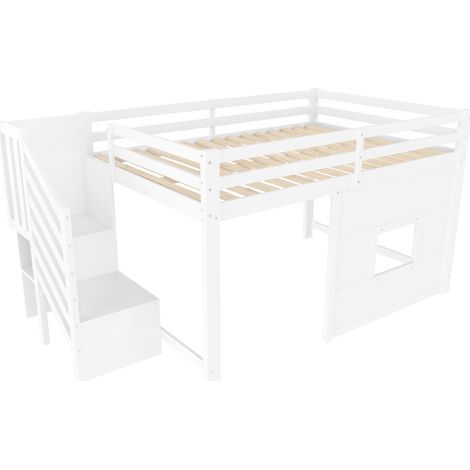 Letto a soppalco 140x200 in pino e MDF con scala contenitore e finestra, bianco - MODENUIT (1/5)
